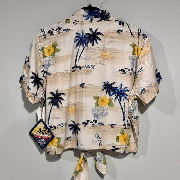 Havana Jack's Cafe Women's Hawaiian Shirt NWT XL Knot Front Crop Tan Yellow READ - Picture 5 of 9